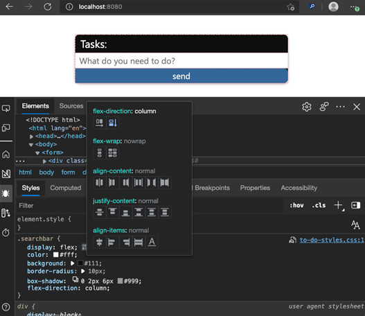 Microsoft Edge with developer tools open showing you the different options for a flexbox layout to choose without having to know the syntax