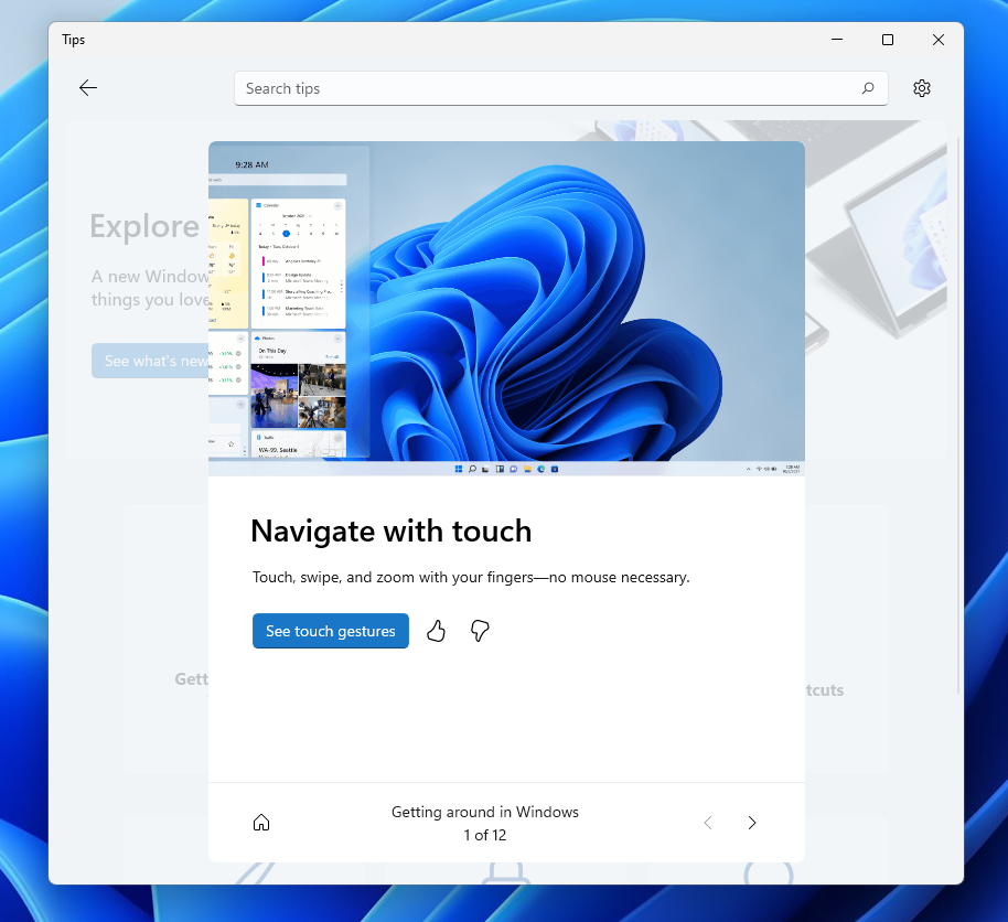 The new Tips app for Windows 11 showing a tip for navigating with touch.