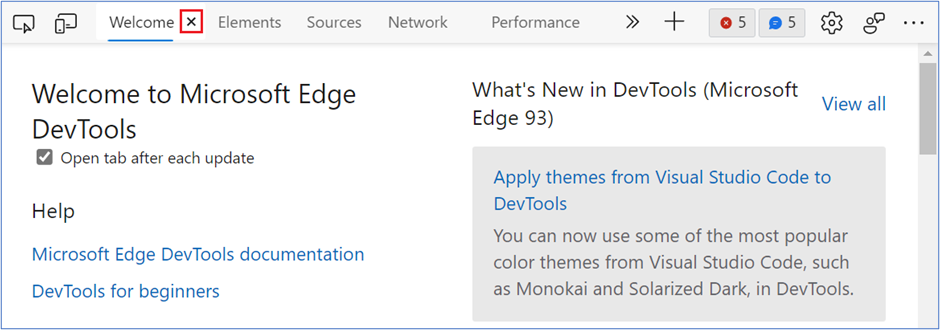 The welcome tab in DevTools, with the close button highlighted.