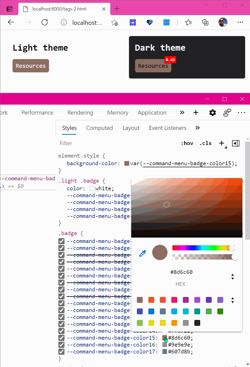 Edge DevTools inspecting the Resources badge, showing that the same color will not meet contrast requirements for light and dark themes