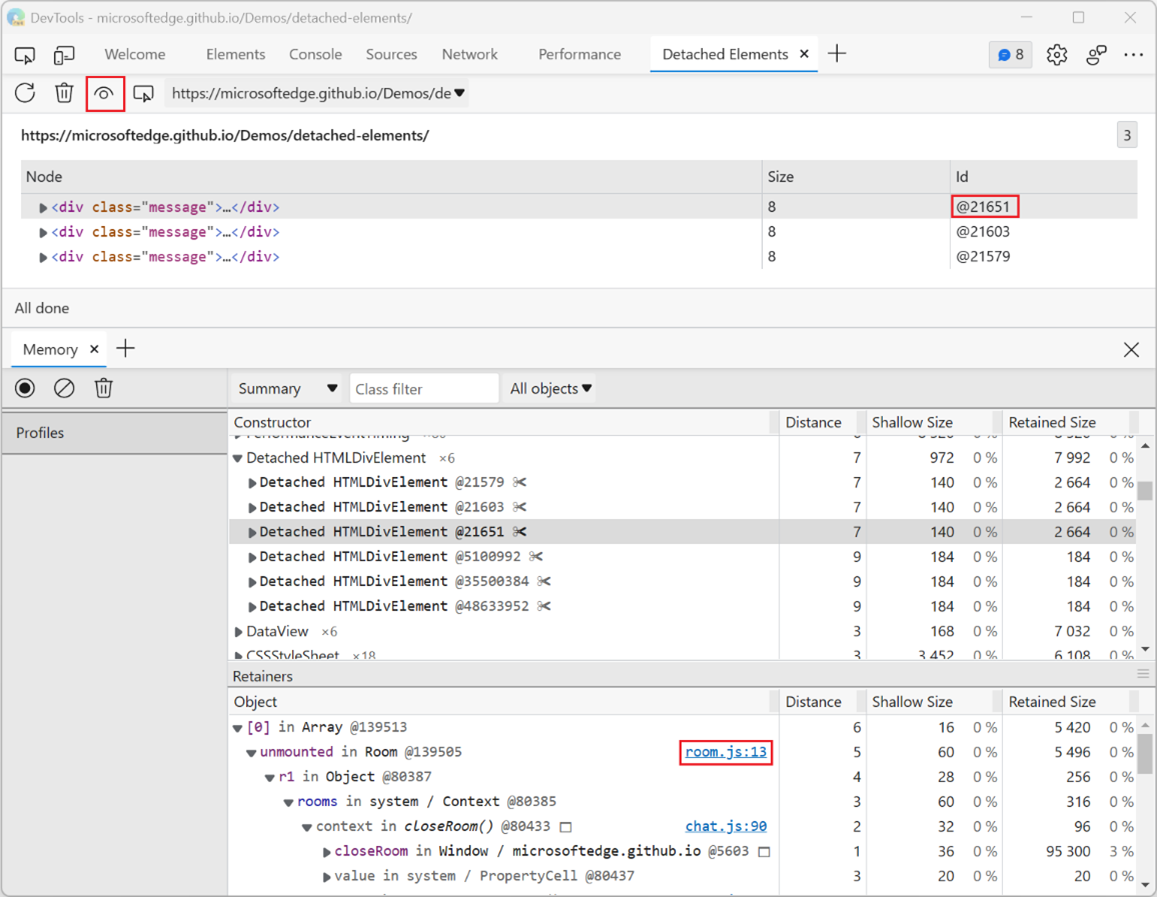 Memory tool showing the relevant line in the heap snapshot and list of retainers for a detached element