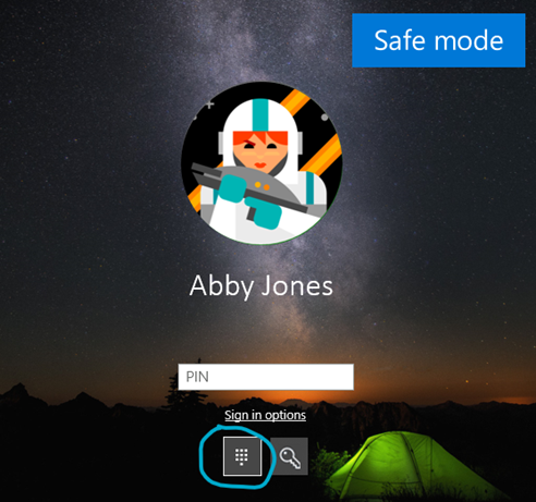 Screenshot of signing in to your device in Safe mode with your Windows Hello PIN.