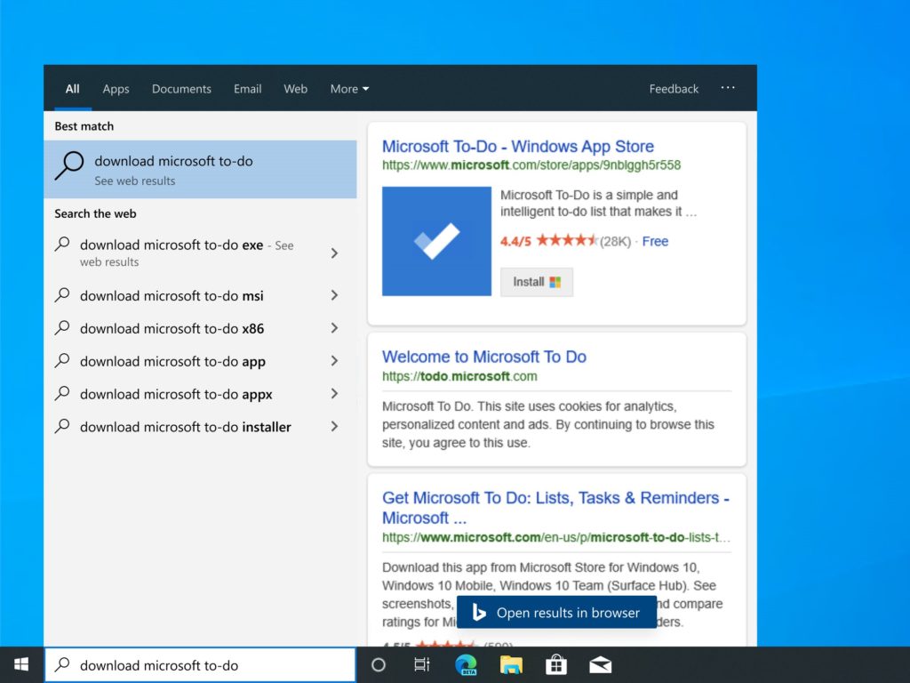 Screenshot showing search results for download microsoft to-do