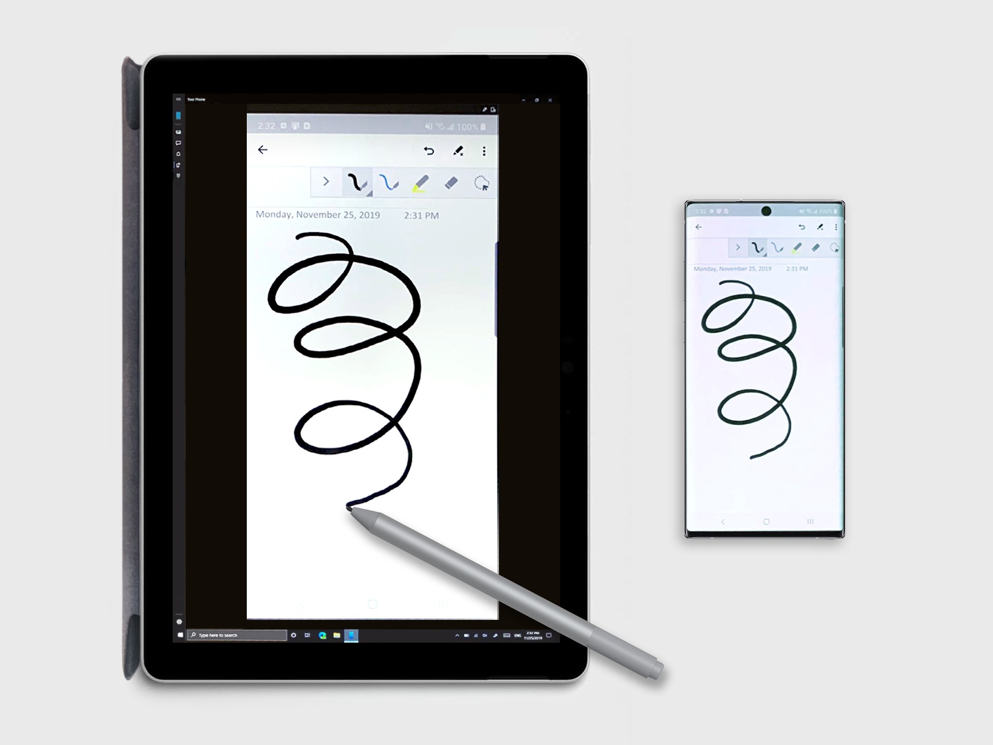 Screen showing a pen’s input on the PC screen and same showing up on the phone.