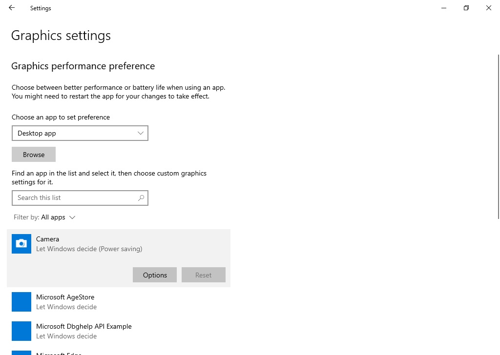 The updated Graphics settings page with pre-populated app preference management.