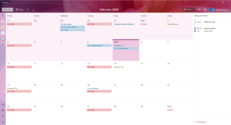 The new and improved Calendar app for Windows 10, showing a February 2020 calendar view.