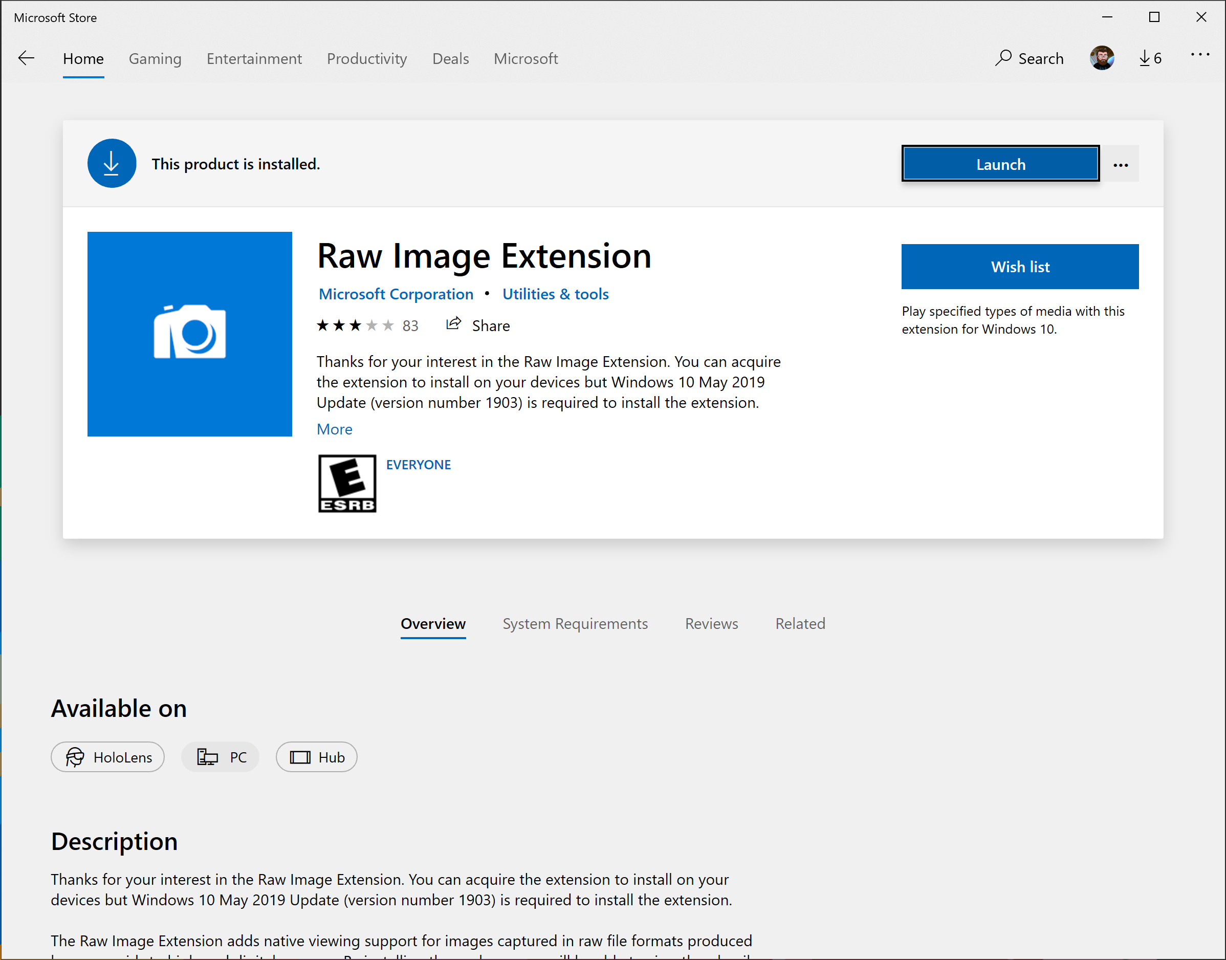 The new Raw Image Extension package in the Microsoft Store.
