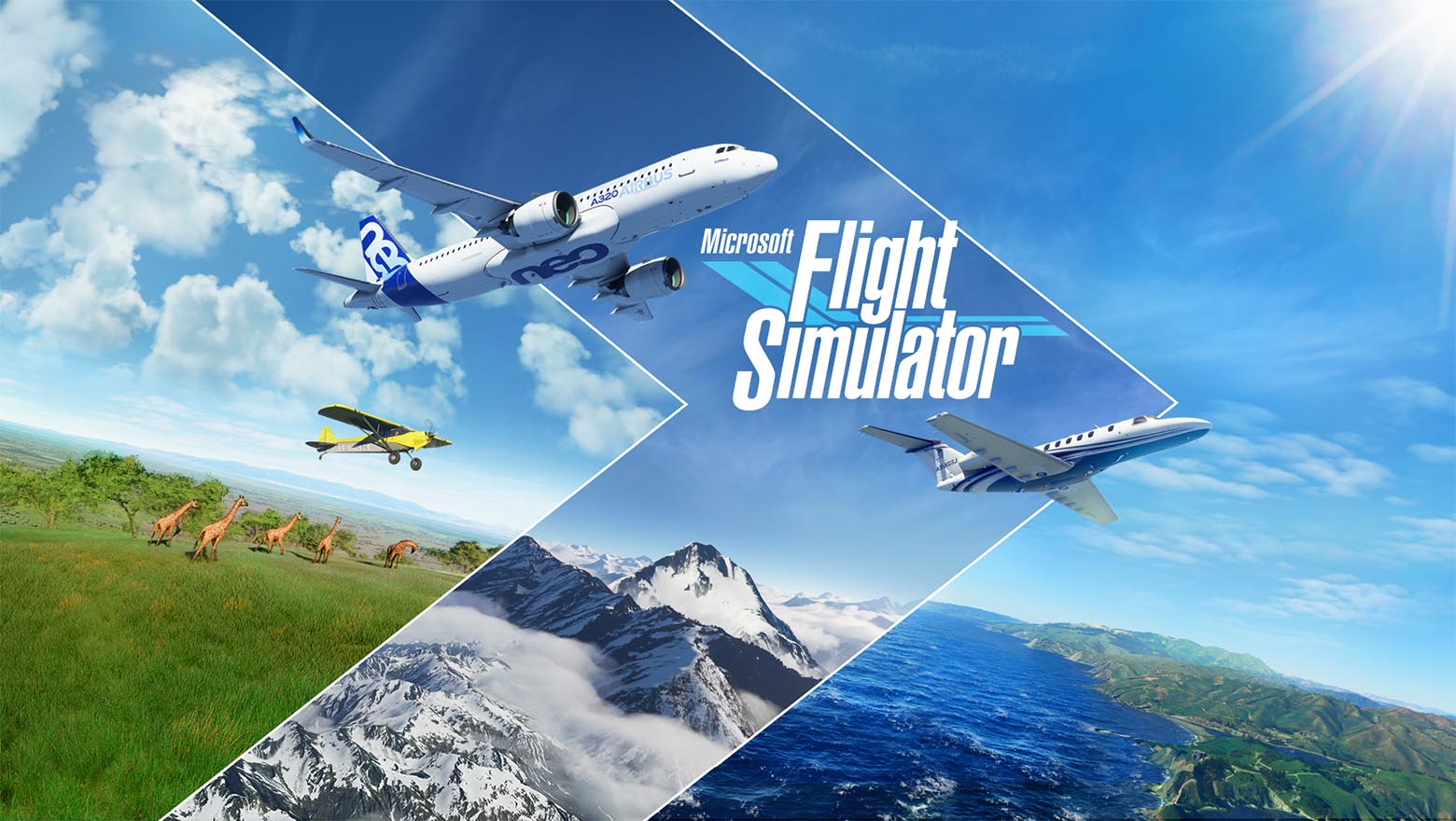 Microsoft Flight Simulator showing three planes flying over a mountain