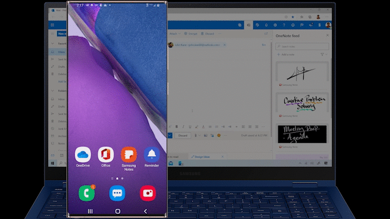 GIF shows M365 Samsung Notes, sharing a sketch of a bridge from a phone to an email on the PC laptop
