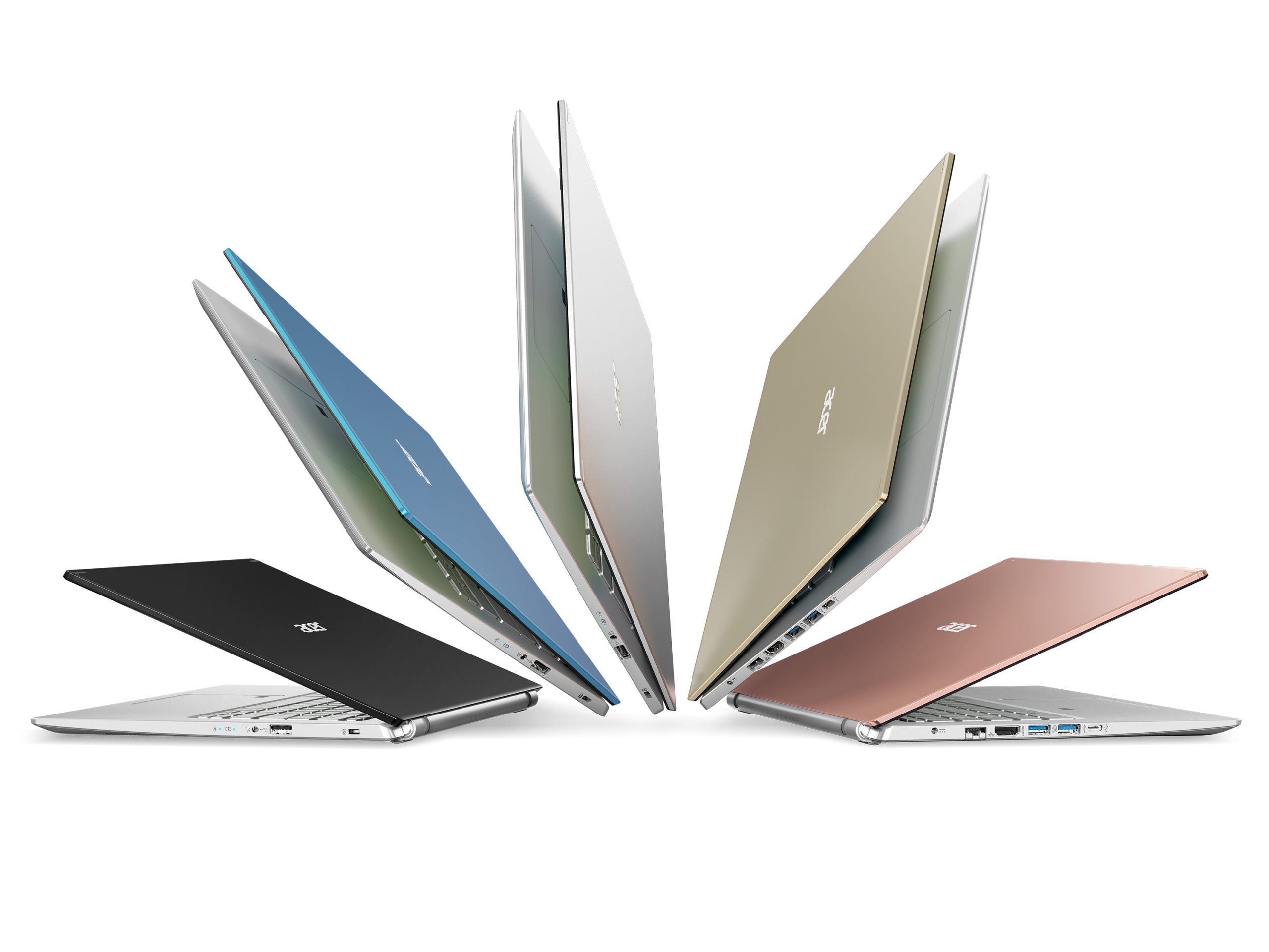 5 Acer Aspire 5 notebooks in various colors fanned out