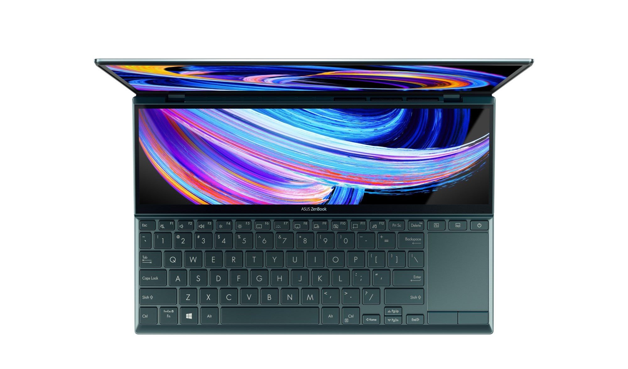 ZenBook Pro Duo UX482 open, looking down on second screen and keyboard