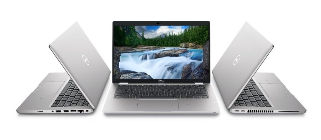 Three Dell Latitude 5421 laptops open with one in the middle facing reader
