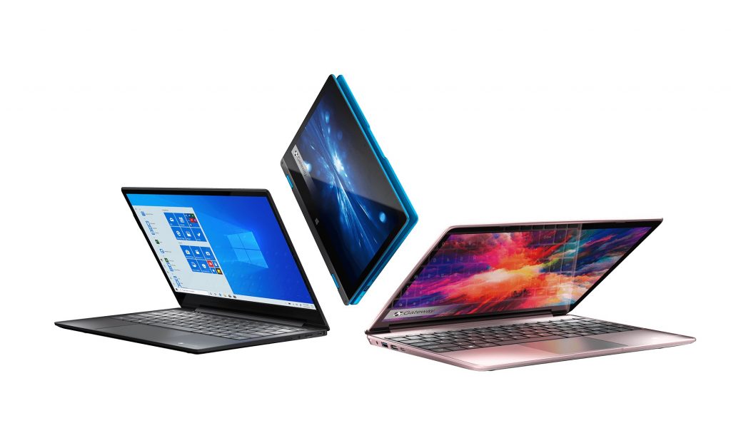 Three Gateway laptops floating in different levels of openess