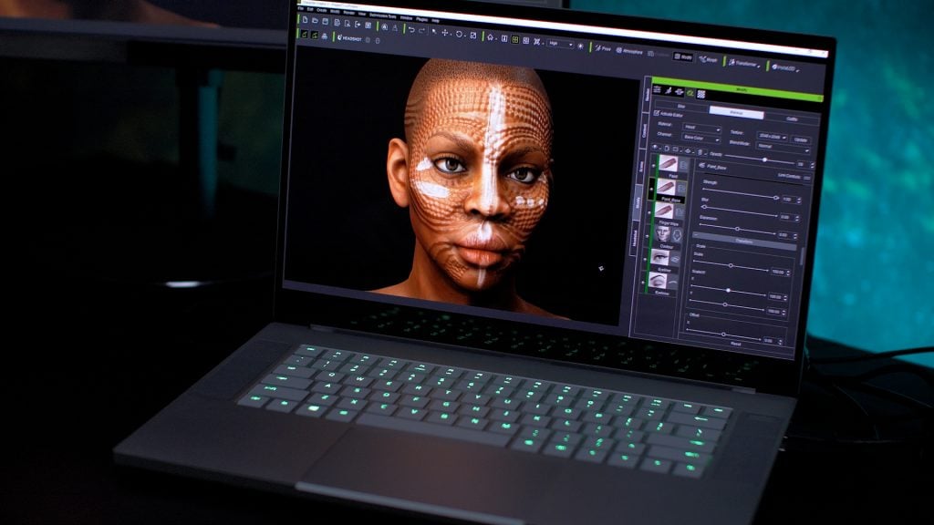 Closeup on the Razer screen composing a light-skinned Black woman