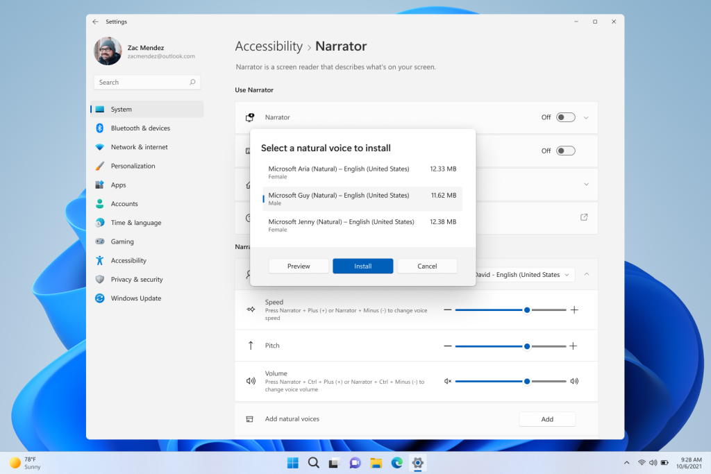 Installing neural voices in Windows 11