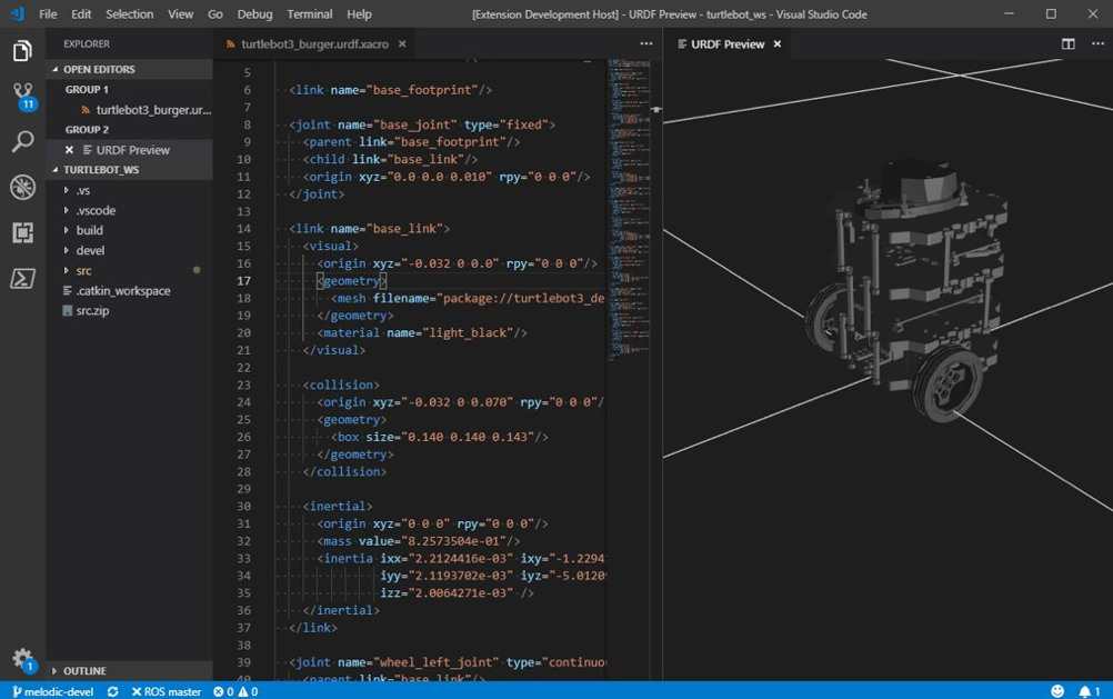Visual Studio Code extension for ROS showing a preview of URDF.
