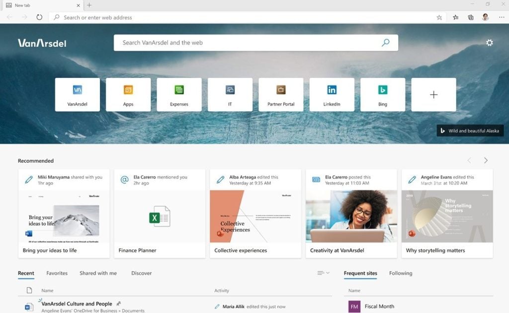 Screenshot showing the Enterprise new tab page in Microsoft Edge Screenshot showing the Enterprise new tab page in Microsoft Edge