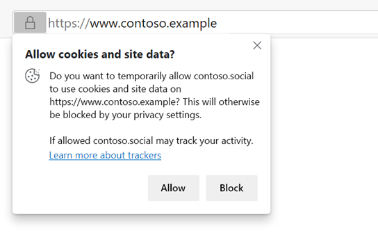 Screen capture showing the allow cookies and site data? prompt in Microsoft Edge