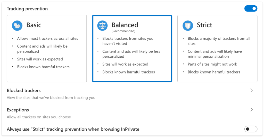 Three settings of tracking prevention