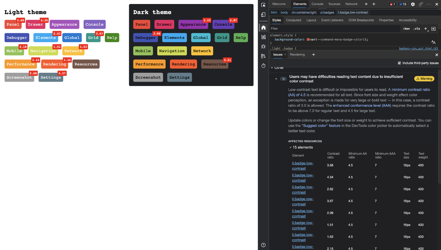 Color contrast warnings in the DevTools issues pane