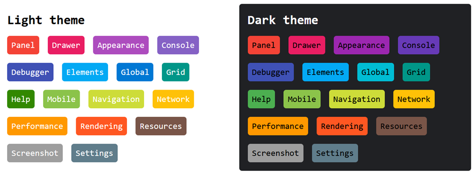 Mockup of all category badges in light and dark themes