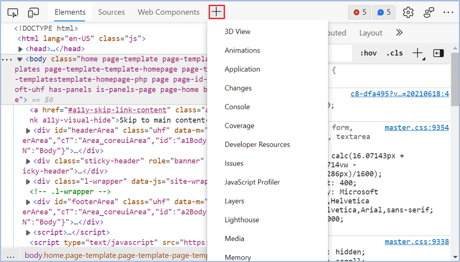 The plus button in DevTools, with an expanded menu showing all the available tools.