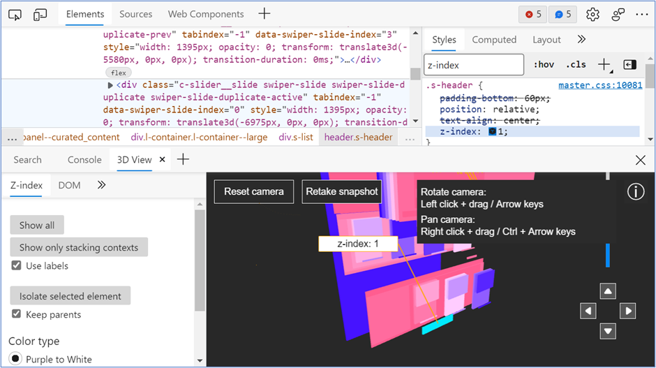 DevTools with Elements and 3D View panels open simultaneously