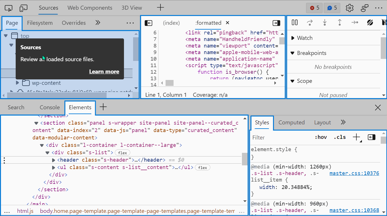 DevTools with Tooltips overlay enabled, showing a tooltip on the Search pane.