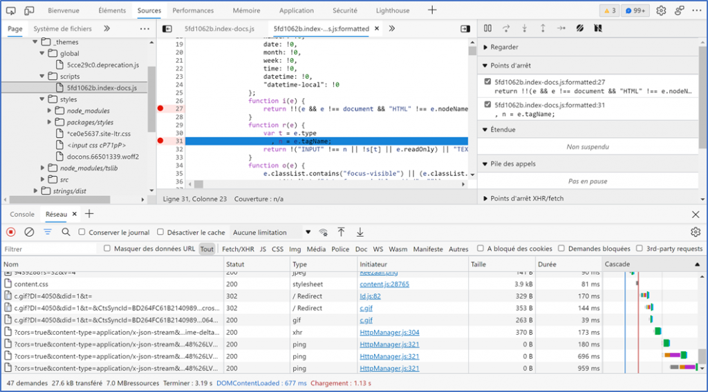 DevTools user interface with the French language setting.