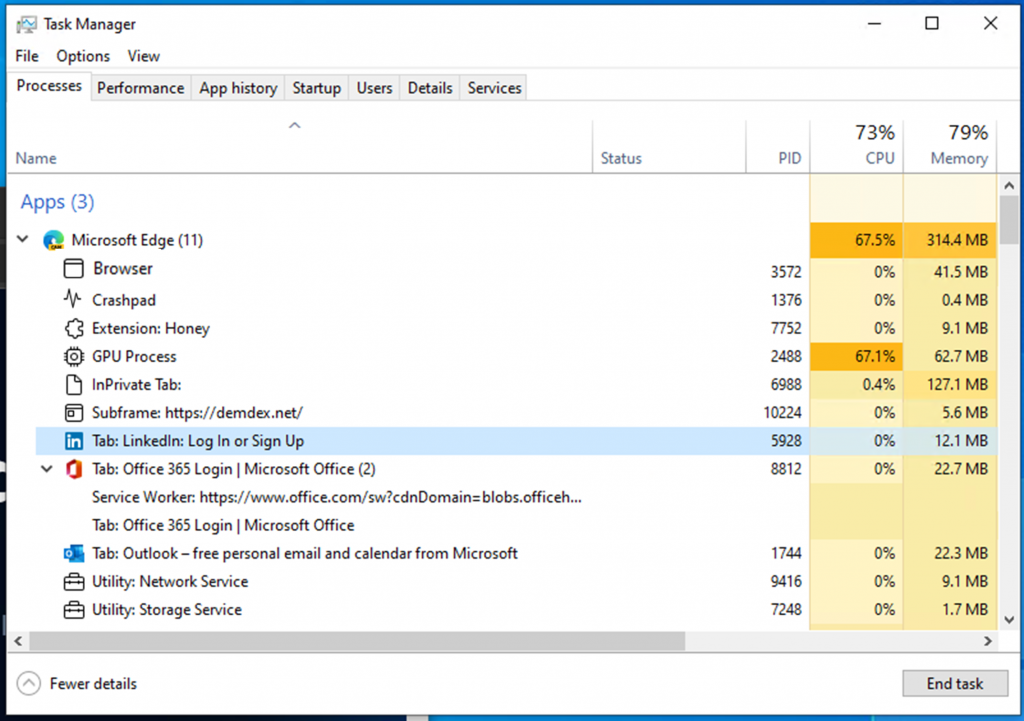 Task Manager showing Microsoft Edge expanded to list various processes and sub-processes, each with a unique name and icon such as GPU Process, Extension, etc.