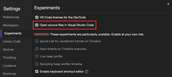 Experiments page in Visual Studio Code with Open source files in VS Code experiment highlighted