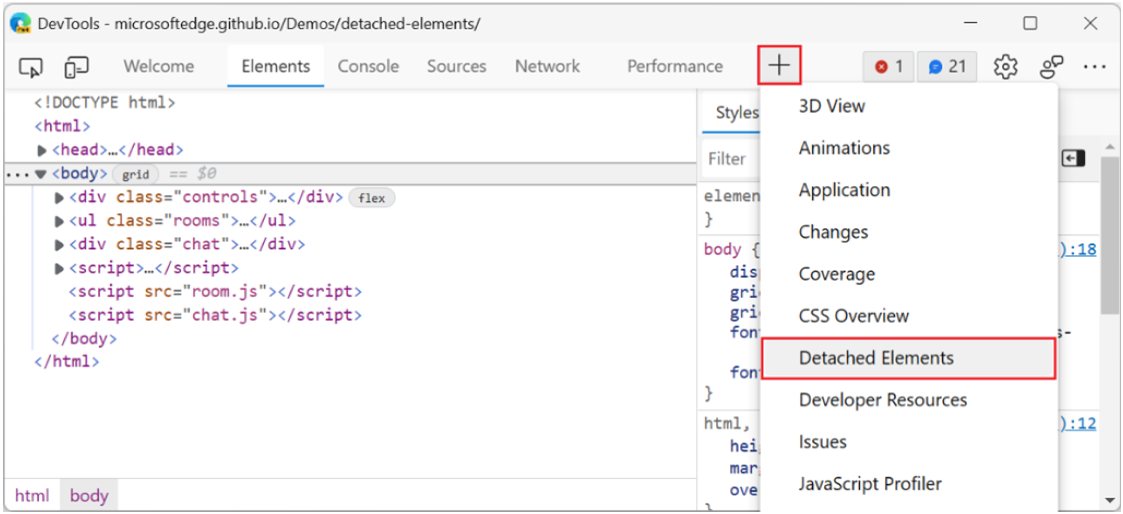 More tools menu in Edge DevTools with the Detached Elements item highlighted