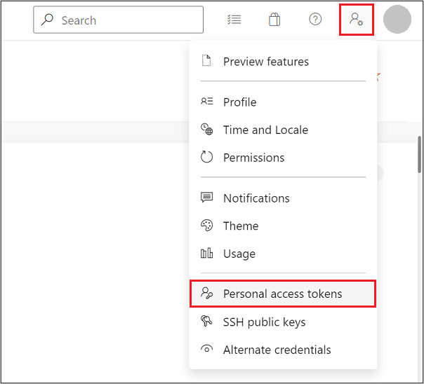 Azure DevOps User Settings menu with the Personal access tokens item highlighted