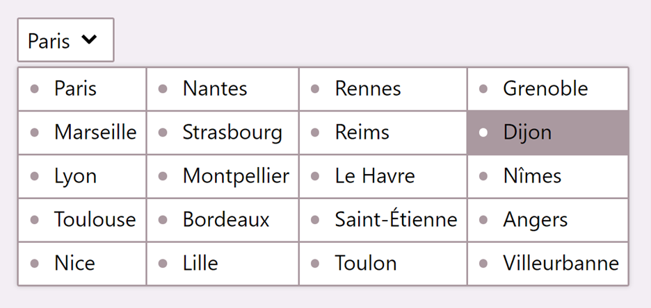 Screenshot of a select element containing a list of French cities. The select element is styled in a way that currently cannot be achieved with the built-in select HTML element and CSS. The options have borders around them, icons next to them, and they are organized in a grid with 4 columns.