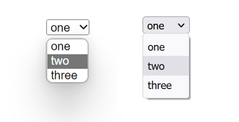 Two select elements, with default browser styles, and 3 options. The first select on the left is rendered by Edge, with a large and blurry drop-shadow and large rounded corners. The second select, on the right, is rendered by Firefox, and has a sharper and smaller drop shadow, and smaller rounded corners.