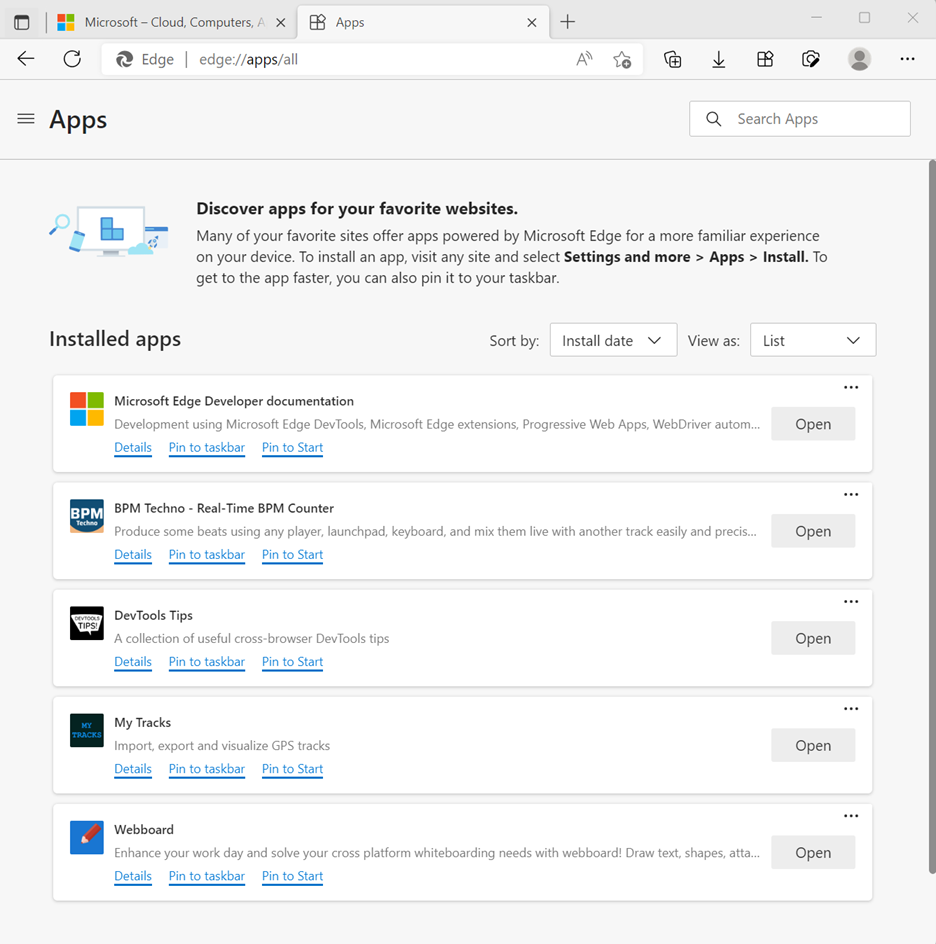 The Apps page at edge://apps. A list of installed apps are shown.