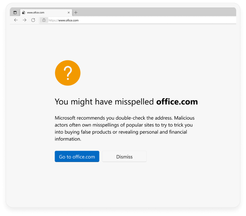 A Microsoft Edge browser window navigating to ofice.com, incorrectly spelled with one f. The page content is an interstitial warning page with the header text You might have misspelled office.com and buttons to Go to office.com or Dismiss.