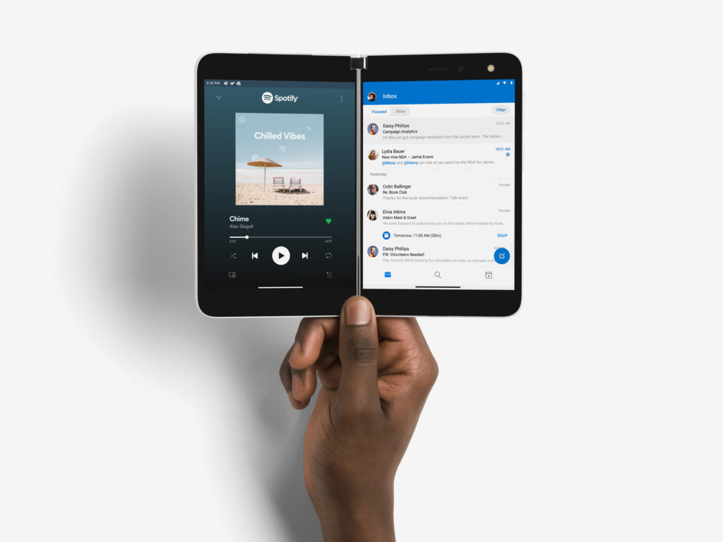One hand holding a Surface Duo One hand holding a Surface Duo