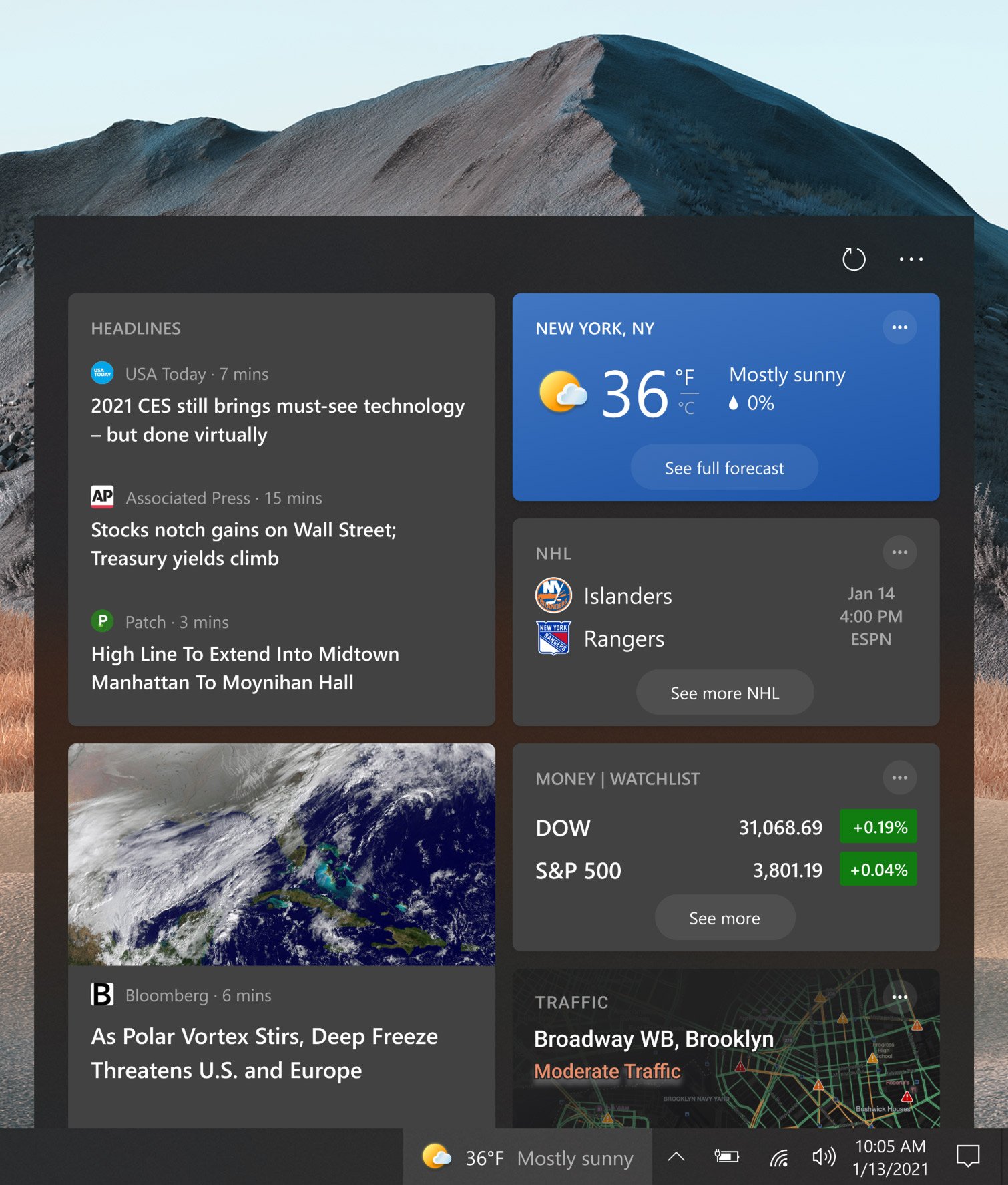 News and interests on the Windows taskbar showing new, weather, sports scores, stocks, and traffic.  News and interests on the Windows taskbar showing new, weather, sports scores, stocks, and traffic.