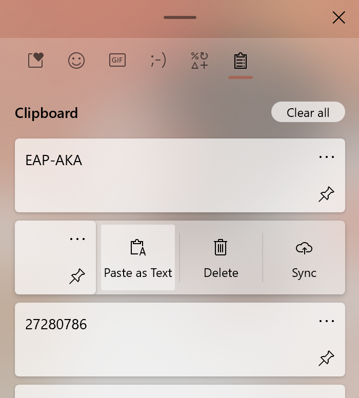 Displaying the new Paste as Text option in clipboard history.
