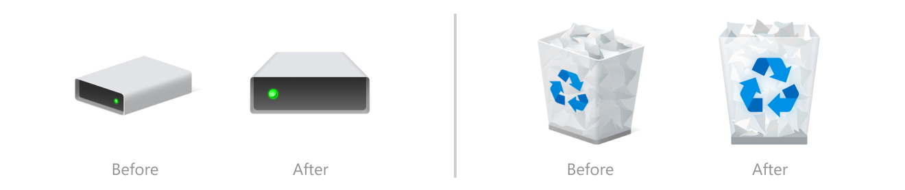 Before and after of hard drive and Recycle Bin icons. 