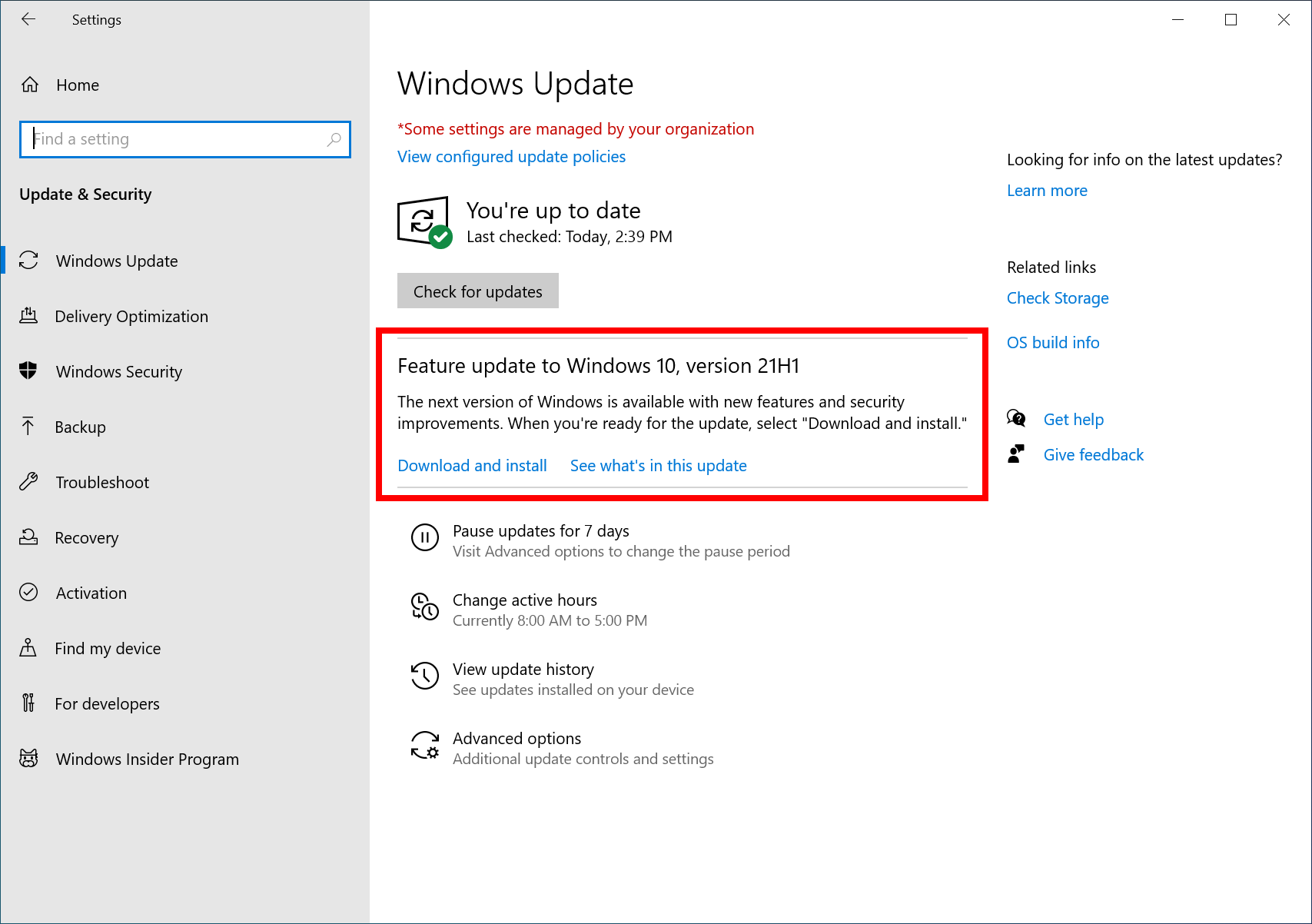 The Windows 10 May 2021 Update offered as an optional update.