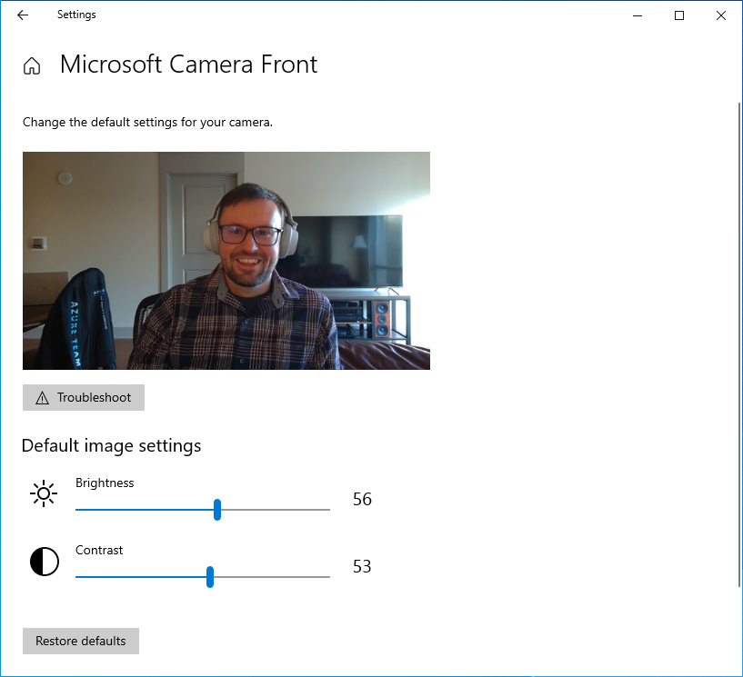 The Configure page for cameras allows you to adjust default image settings such as brightness and contrast.