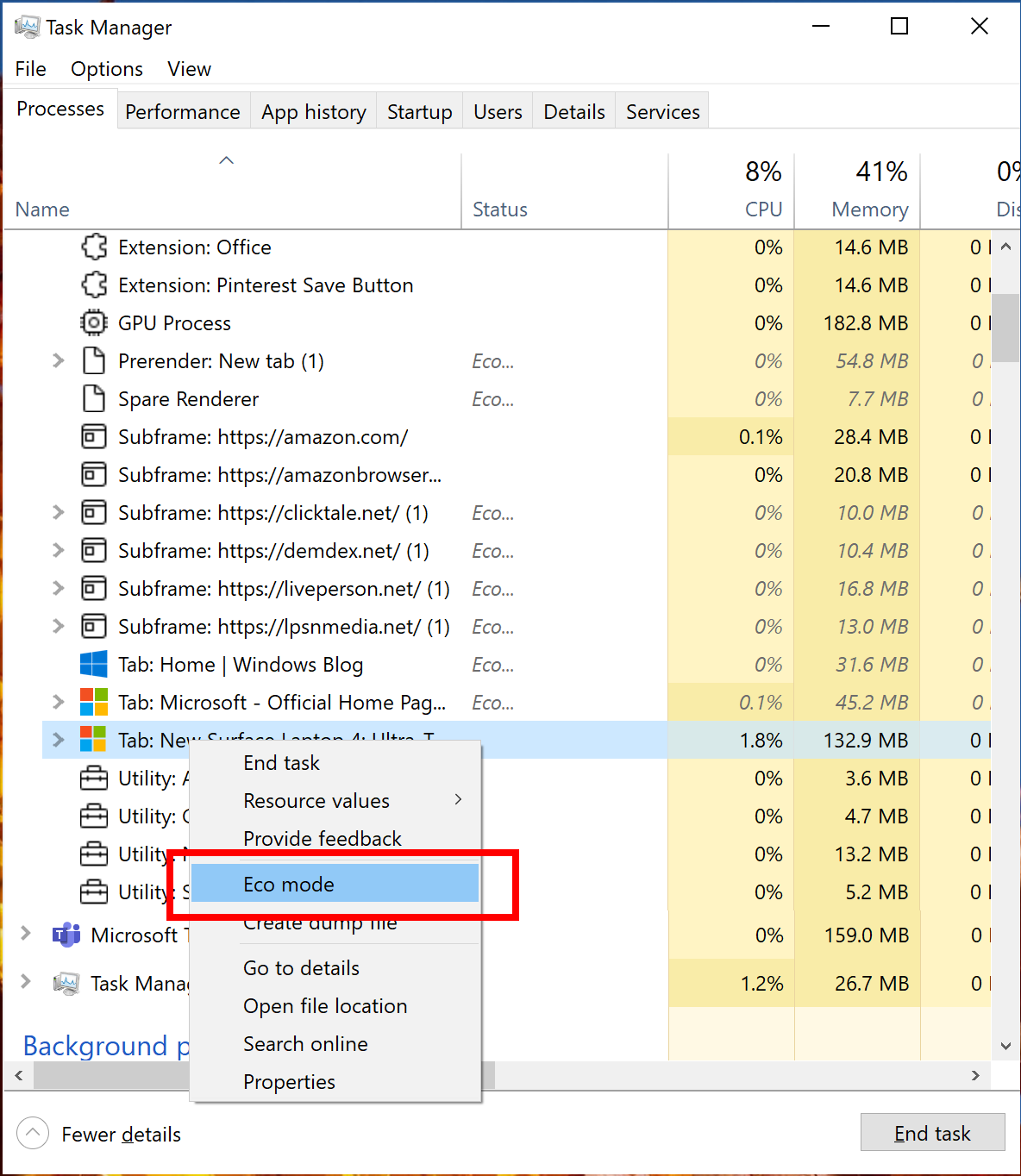 Right-click on child processes in Task Manager to enable “Eco mode”. 