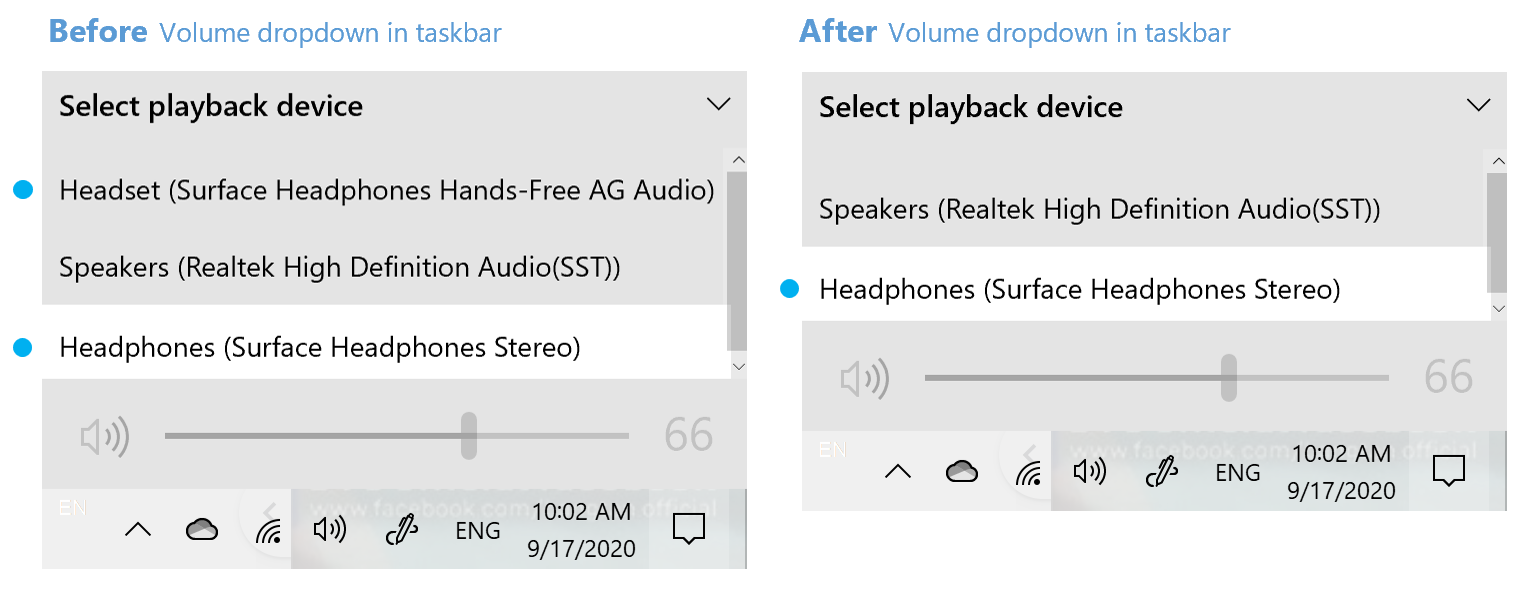 Updates to the “Select playback device” dropdown on the taskbar for Bluetooth audio devices. 