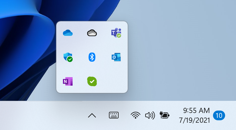 The hidden icons flyout on the Taskbar has been updated with the new Windows 11 visuals.