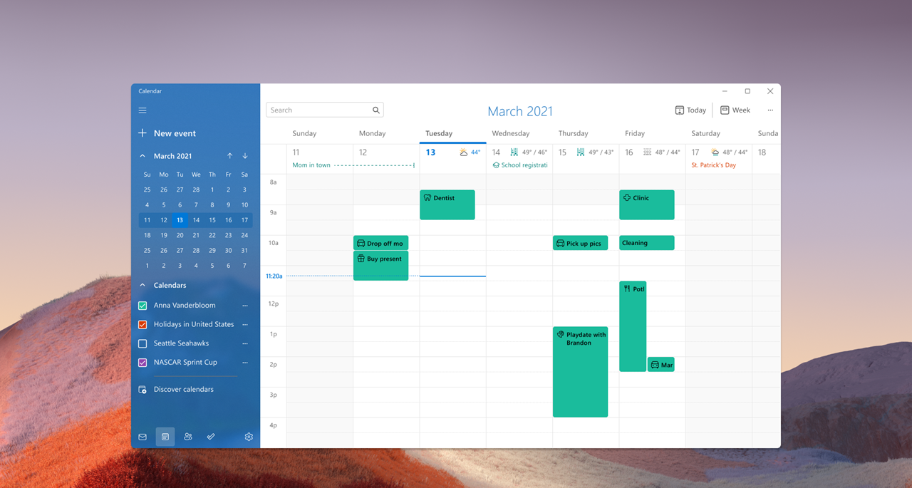 Calendar app with new Windows 11 visuals in light mode. 
