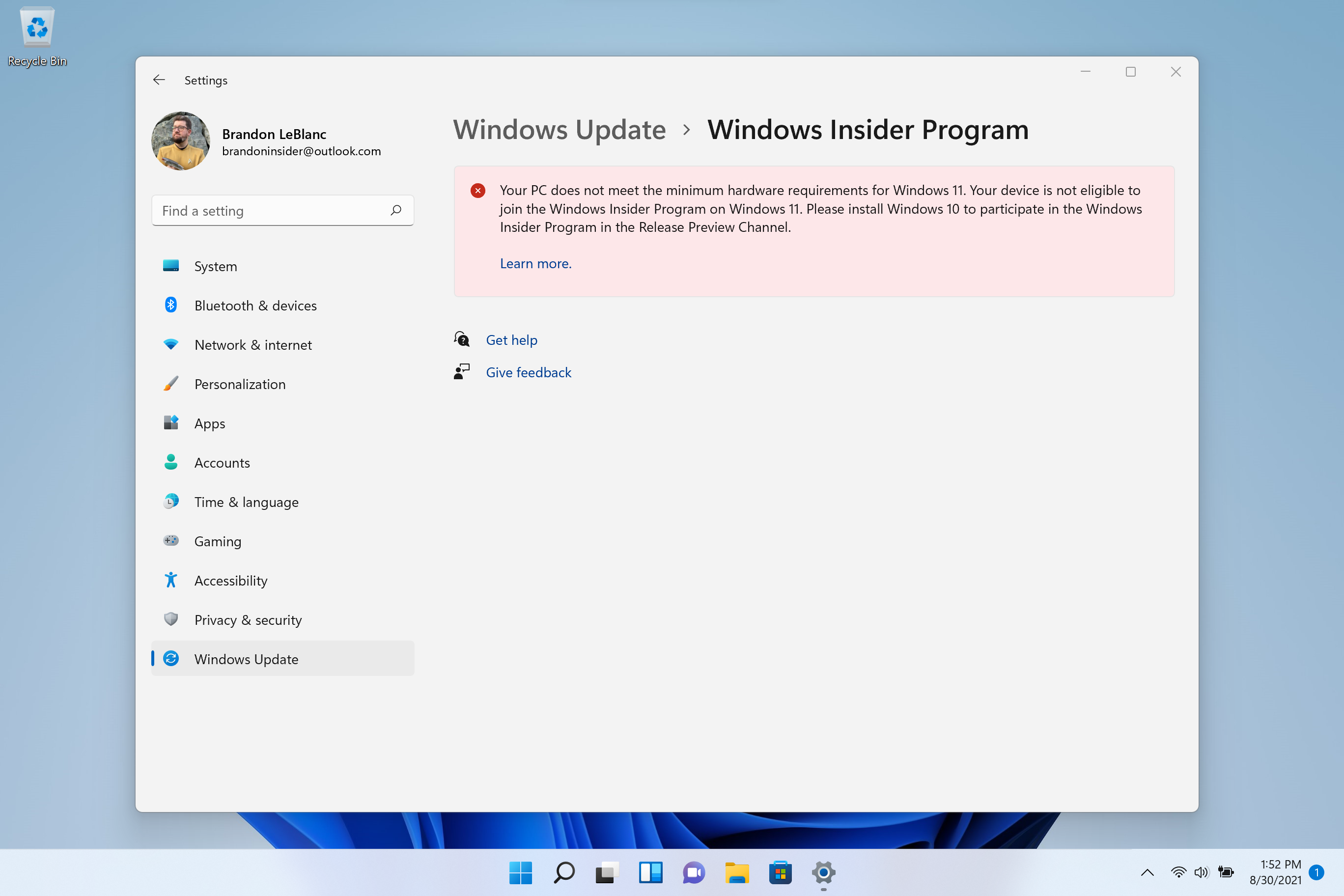 Notice on Windows Insider Program settings page on PCs that were given an exception to install Windows 11 previews on June 24th. Notice on Windows Insider Program settings page on PCs that were given an exception to install Windows 11 previews on June 24th.