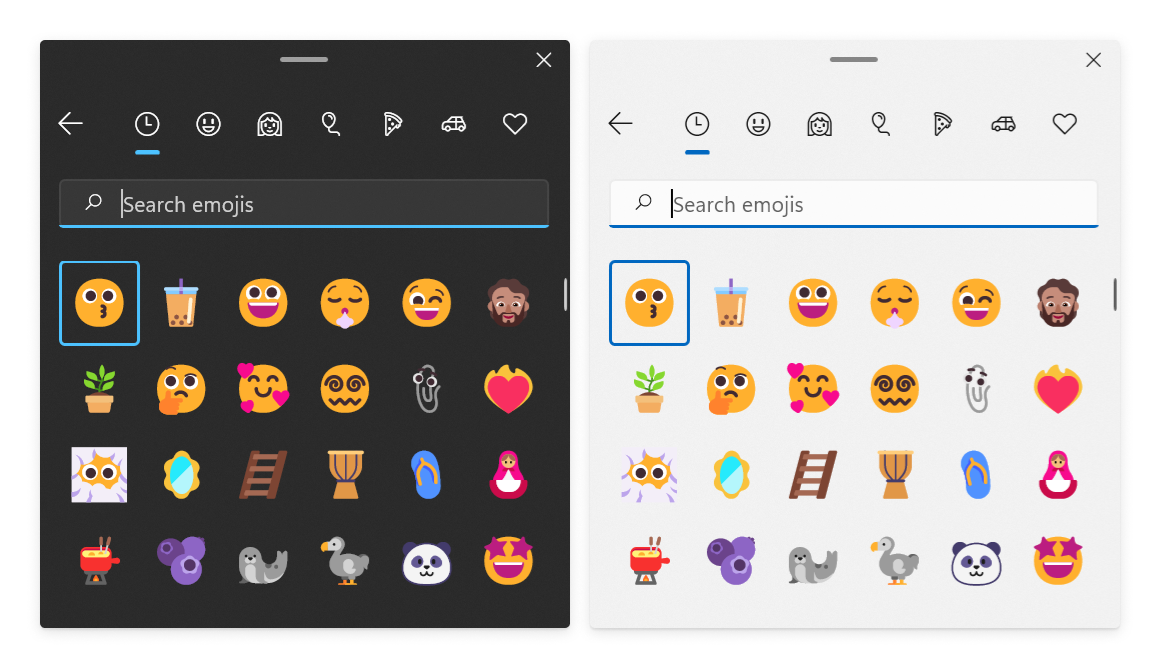 New and refreshed emoji as they appear in the emoji panel in Windows 11.