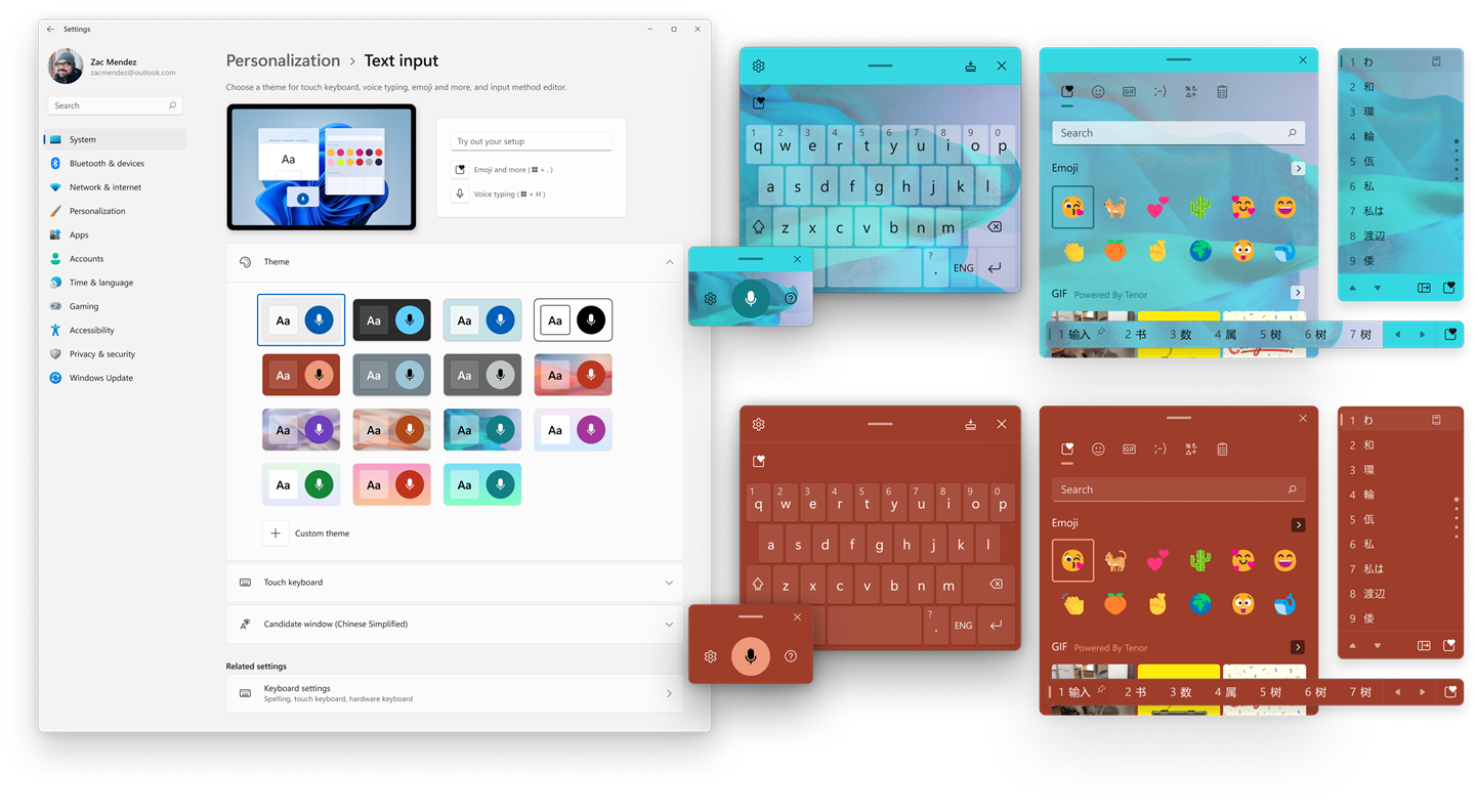 We have expanded the 13 themes for the touch keyboard to more input methods, including the IME, emoji panel, and voice input.